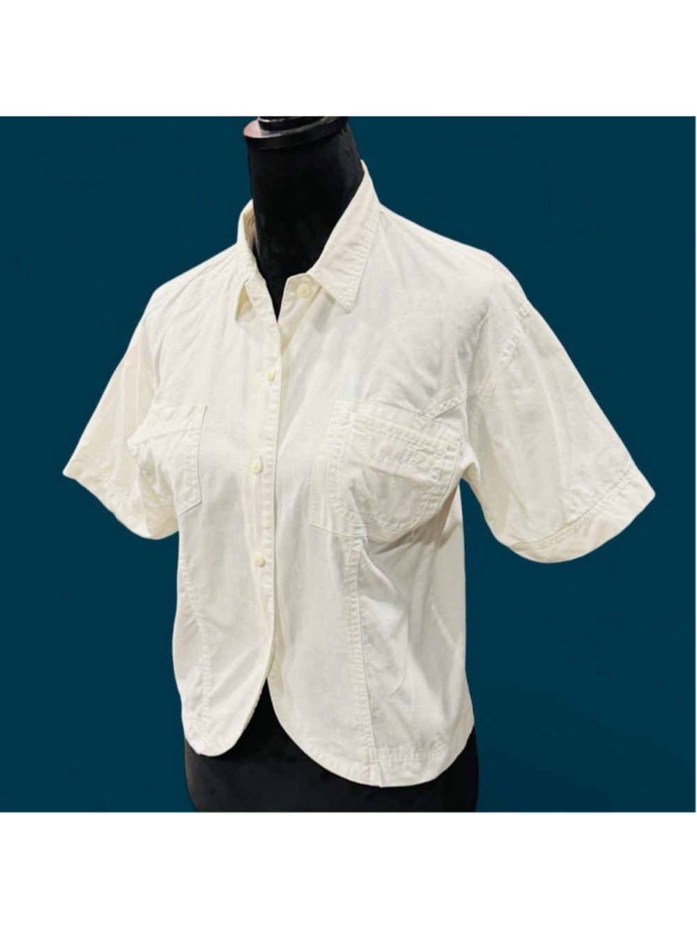 VTG 90s White Cotton Button Up Shirt Minimalist Short Sleeve Cottagecore Safari